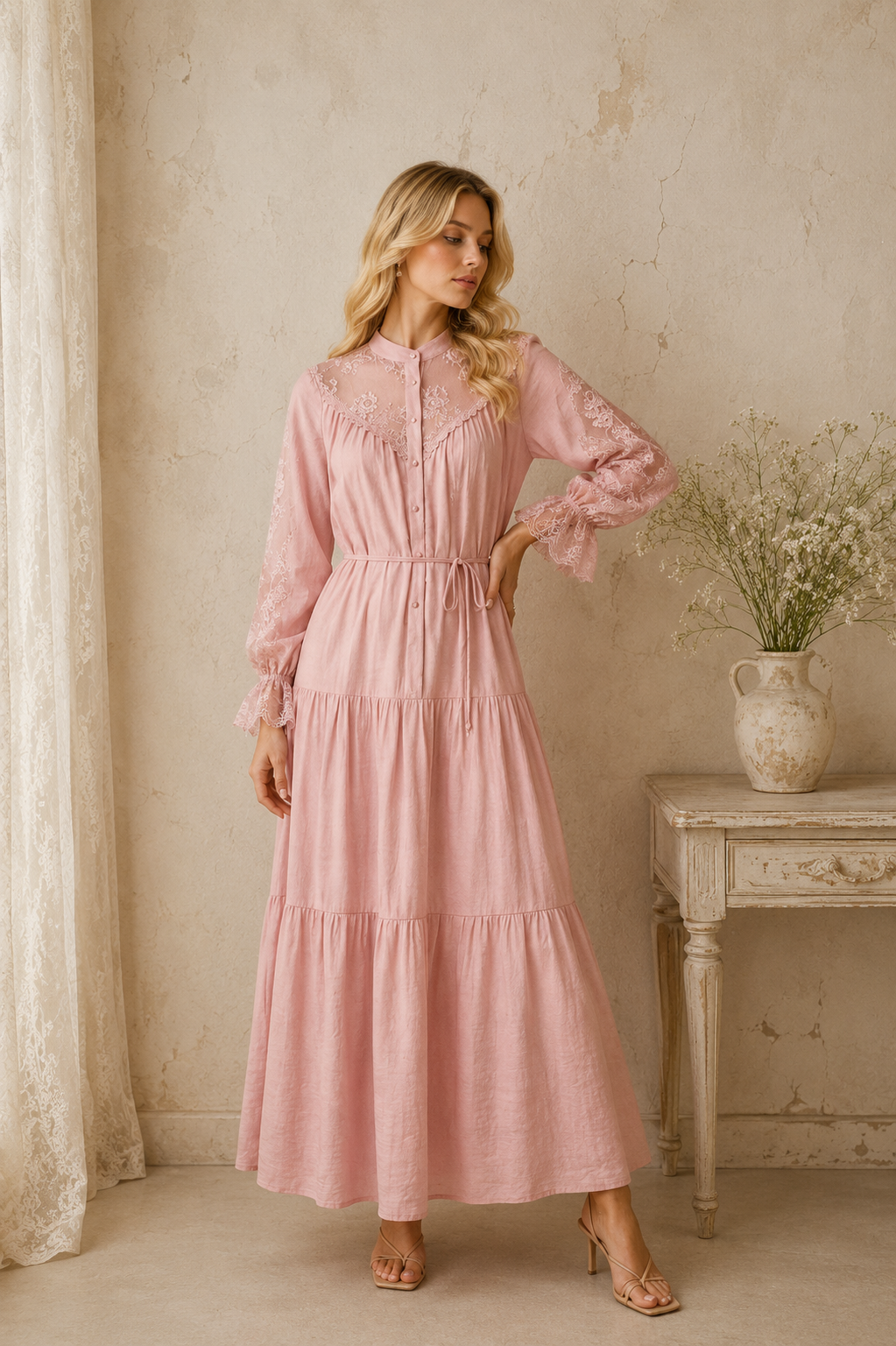 Vestido Rosa de Lyocell, Vestido Midi Romántico con Encaje, Vestido Vintage de Manga Larga, Vestido Bohemio, Vestido Abotonado de Estilo Cottagecore