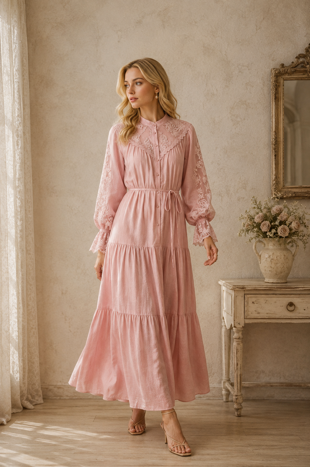 Vestido Rosa de Lyocell, Vestido Midi Romántico con Encaje, Vestido Vintage de Manga Larga, Vestido Bohemio, Vestido Abotonado de Estilo Cottagecore
