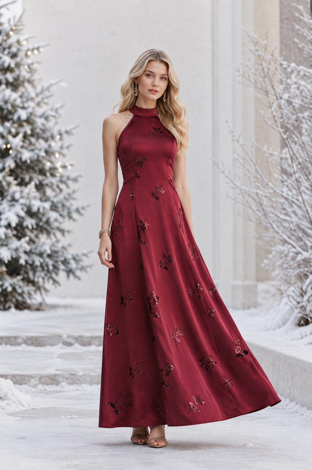 Vestido Largo Burdeos de Satén con Bordado Floral, Vestido Elegante de Cuello Halter, Espalda Abierta, Vestido de Fiesta y Noche, Invitada de Boda