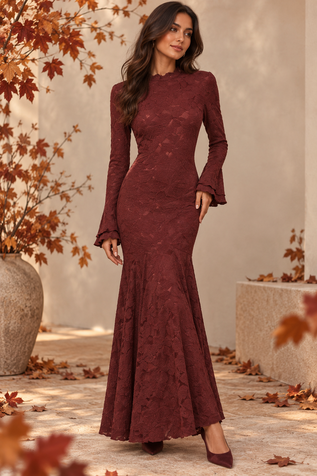 Vestido Largo Burdeos de Encaje