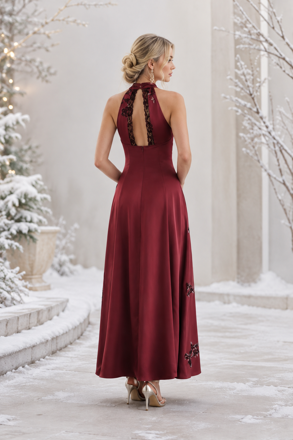 Vestido Largo Burdeos de Satén con Bordado Floral, Vestido Elegante de Cuello Halter, Espalda Abierta, Vestido de Fiesta y Noche, Invitada de Boda