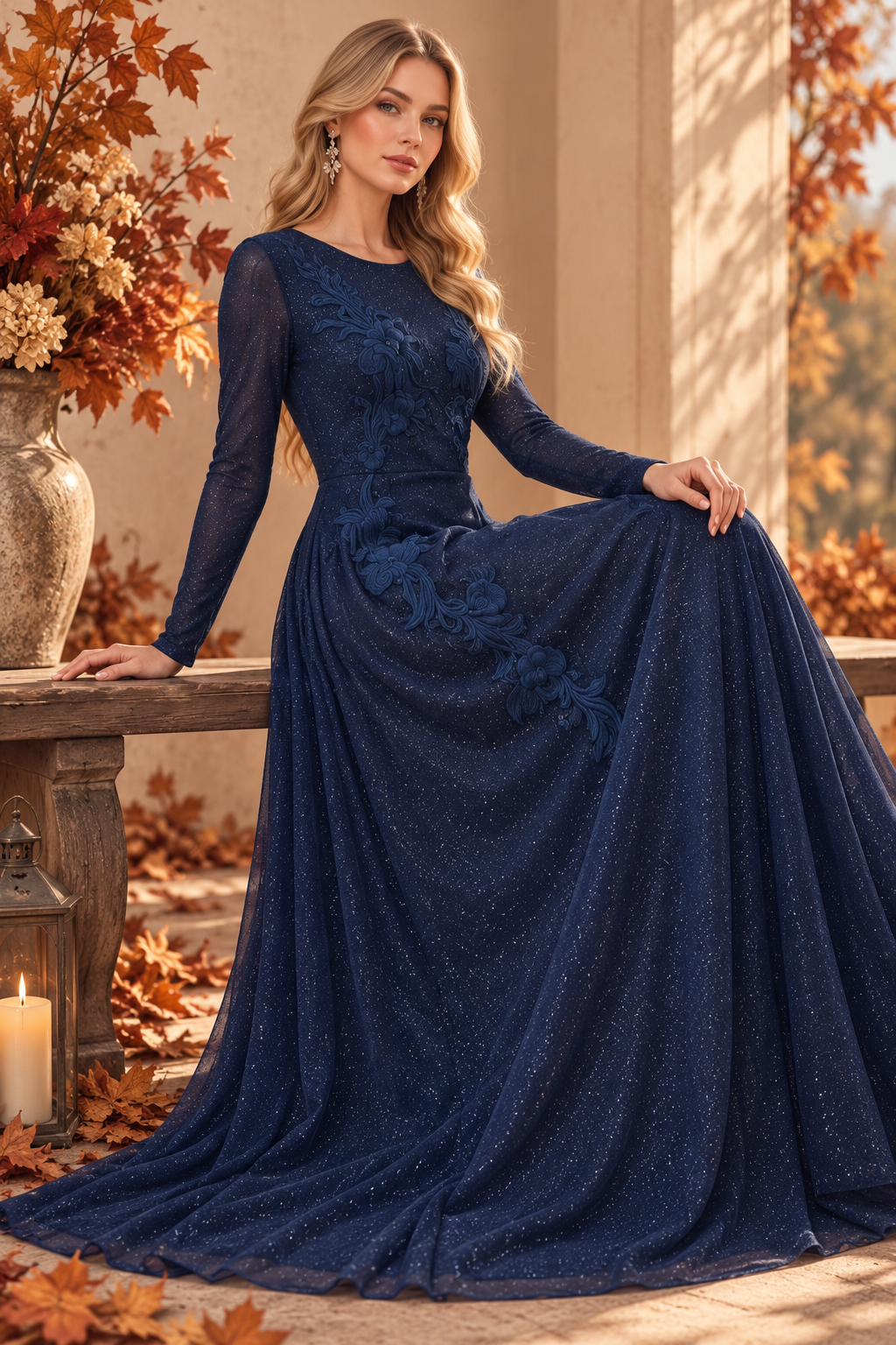 Vestido Largo Elegante de Manga Larga con Bordado Floral, Vestido Maxi Romántico de Noche, Vestido de Fiesta Formal, Vestido para Invitada de Boda, Vestido Corte A