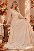 Vestido Largo Elegante de Manga Larga con Bordado Floral, Vestido Maxi Romántico de Noche, Vestido de Fiesta Formal, Vestido para Invitada de Boda, Vestido Corte A