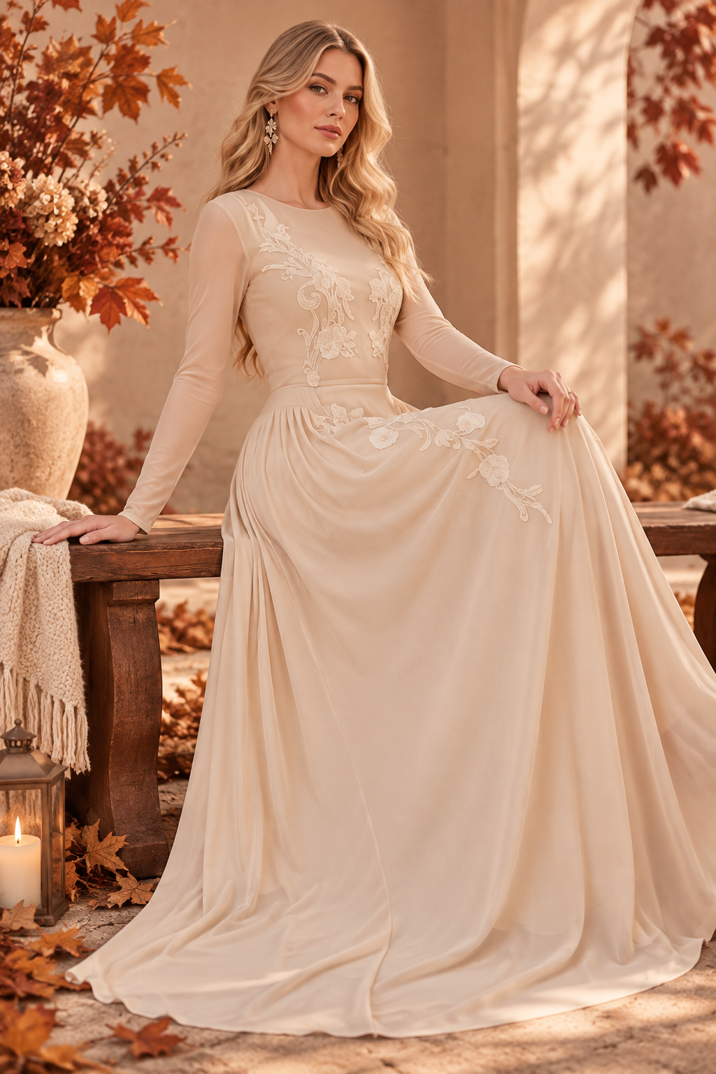 Vestido Largo Elegante de Manga Larga con Bordado Floral, Vestido Maxi Romántico de Noche, Vestido de Fiesta Formal, Vestido para Invitada de Boda, Vestido Corte A