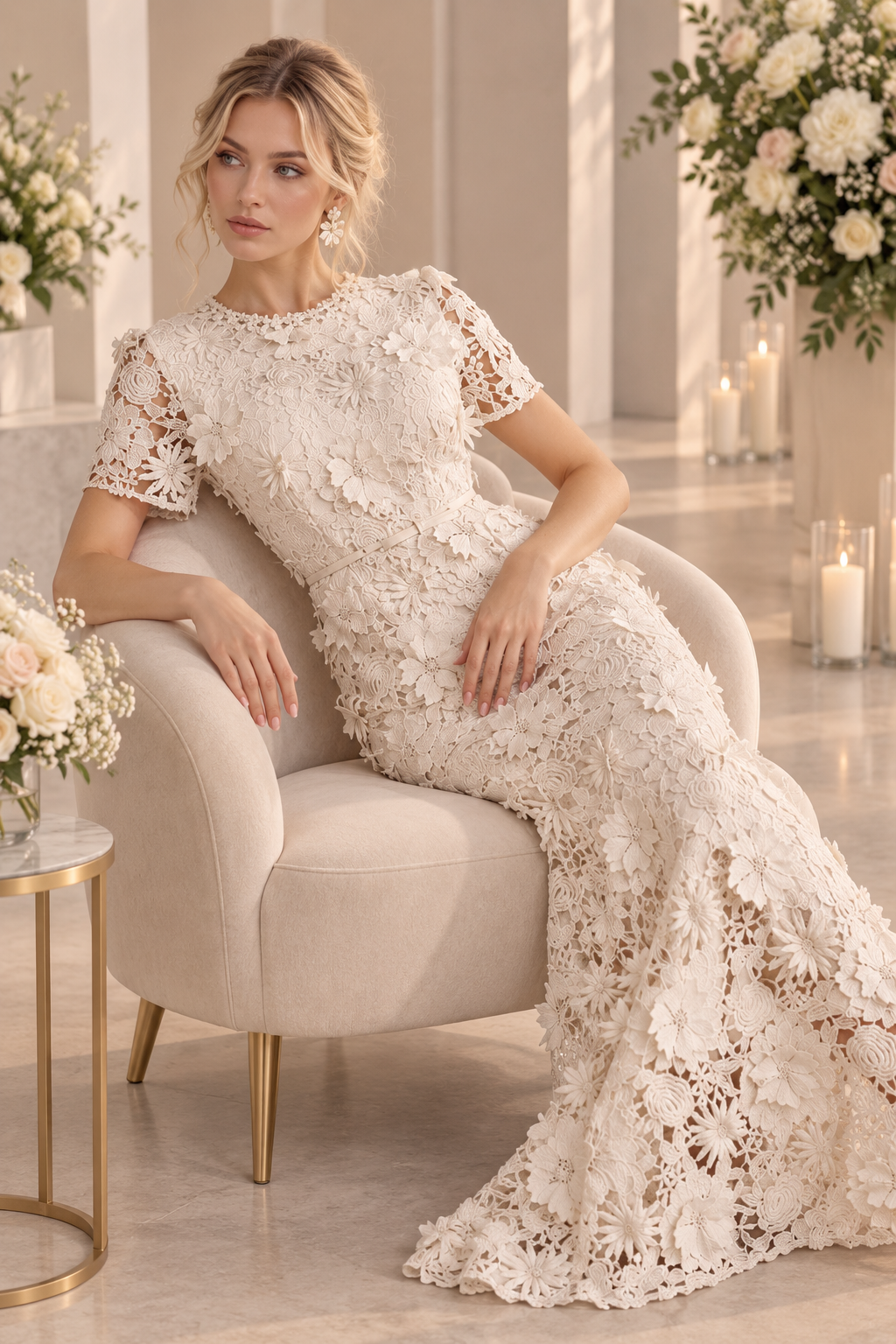 Vestido Largo de Encaje Floral Marfil