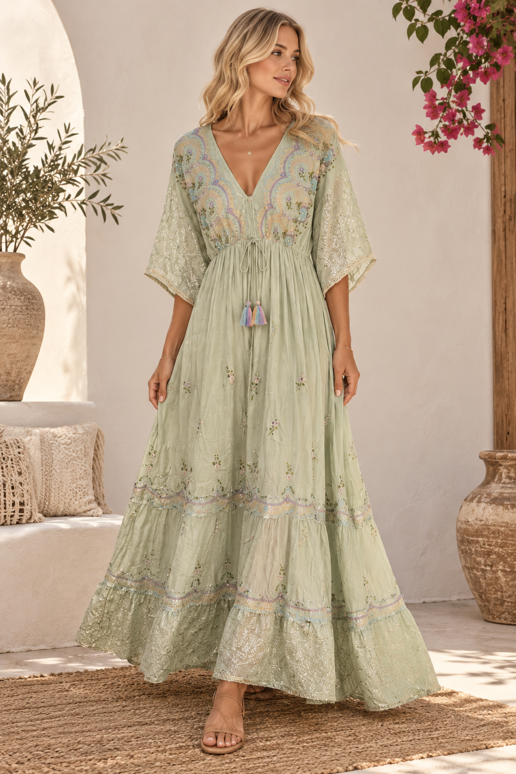 Vestido Bohemio Bordado 100% Algodón